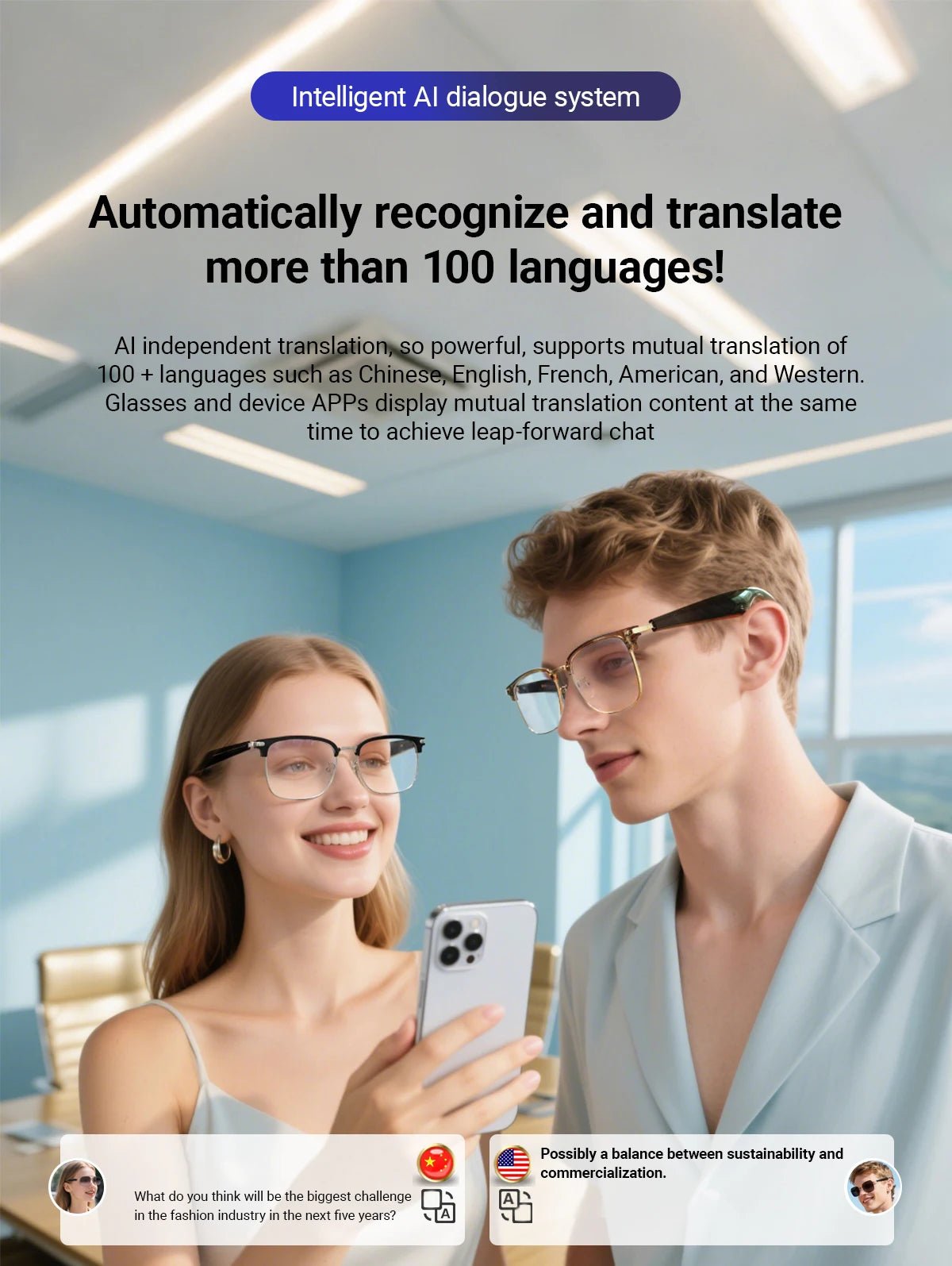 Two people using AI Smart Glasses with real-time voice translation and intelligent dialogue system supporting 100+ languages