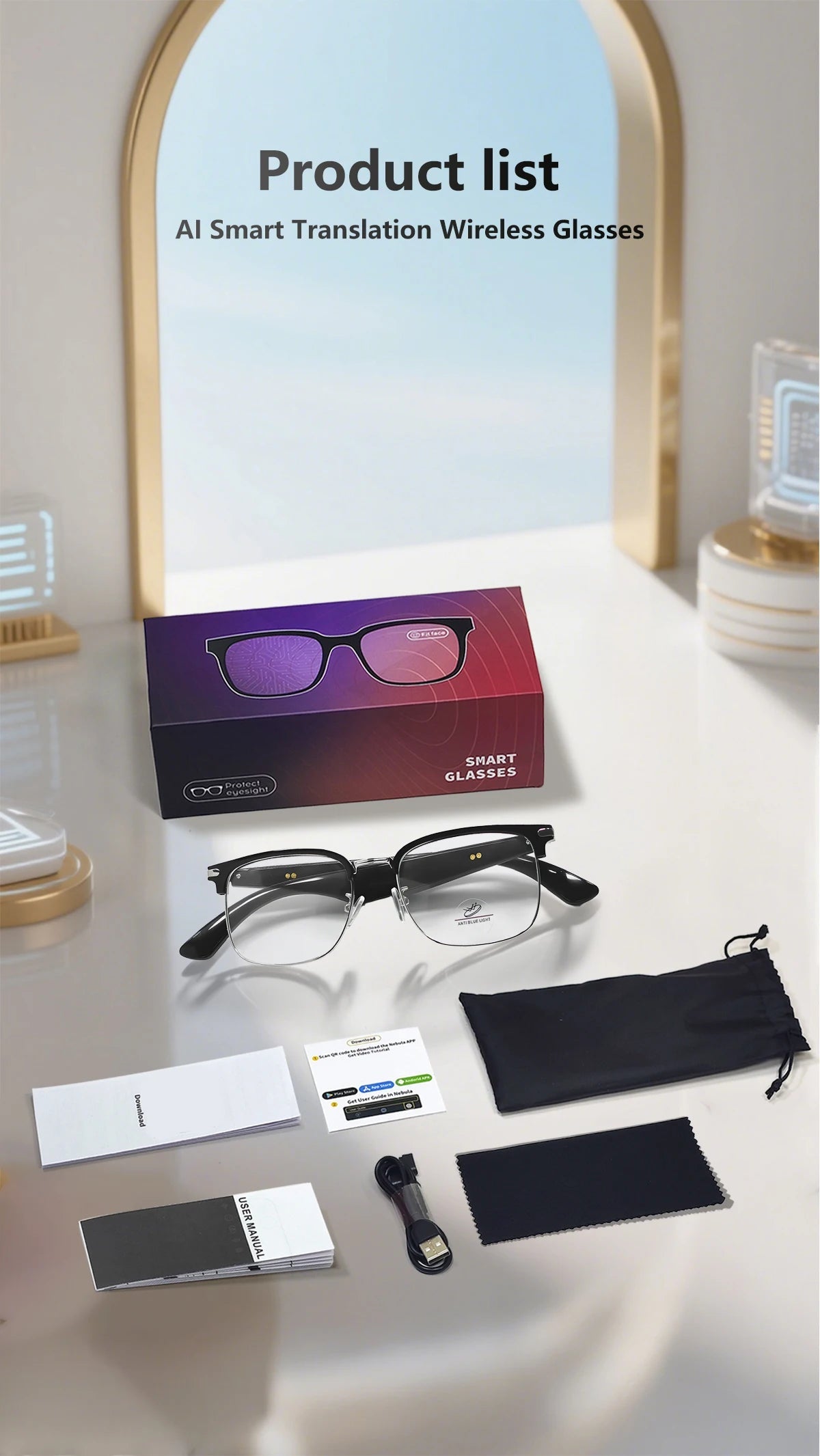 Complete product package of AI Smart Translation Wireless Glasses including charging cable, storage pouch, manual, and accessories