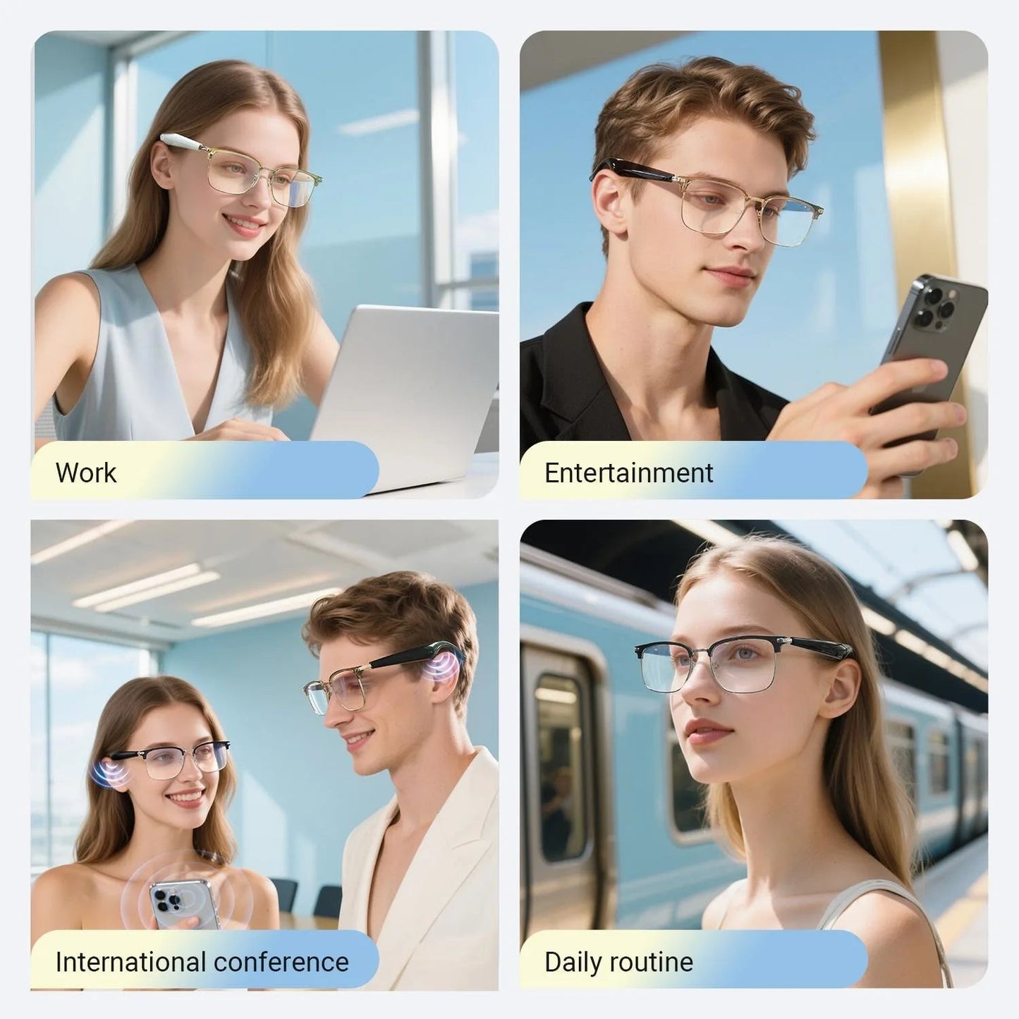 People wearing AI Smart Glasses with Voice Translation in work, entertainment, travel, and daily life settings