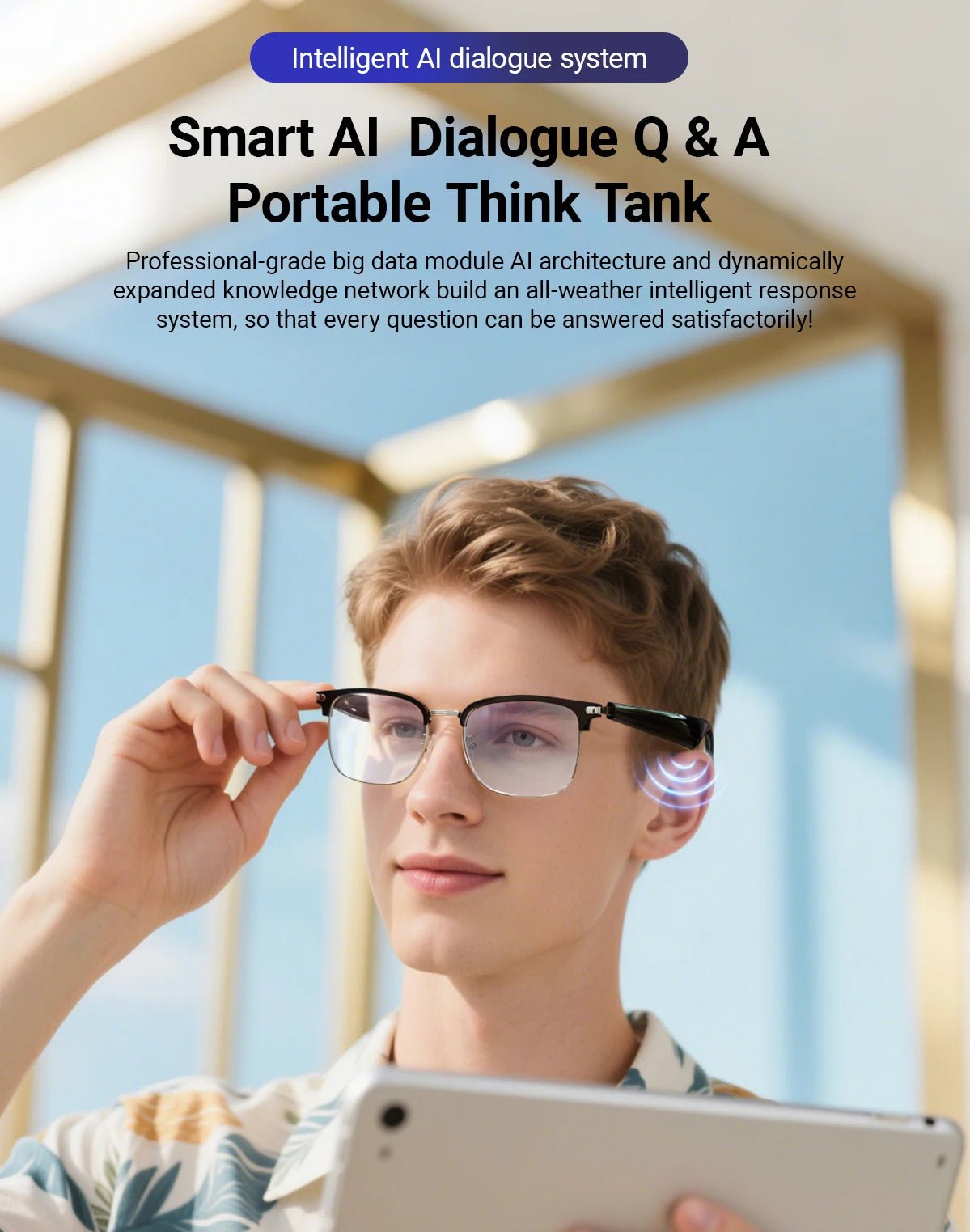 Man using AI Smart Glasses with intelligent dialogue Q&A system and portable think tank features