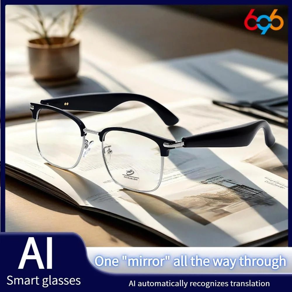 AI Smart Bluetooth Glasses with Real-Time Voice Translator and UV400 Lenses on an Open Book