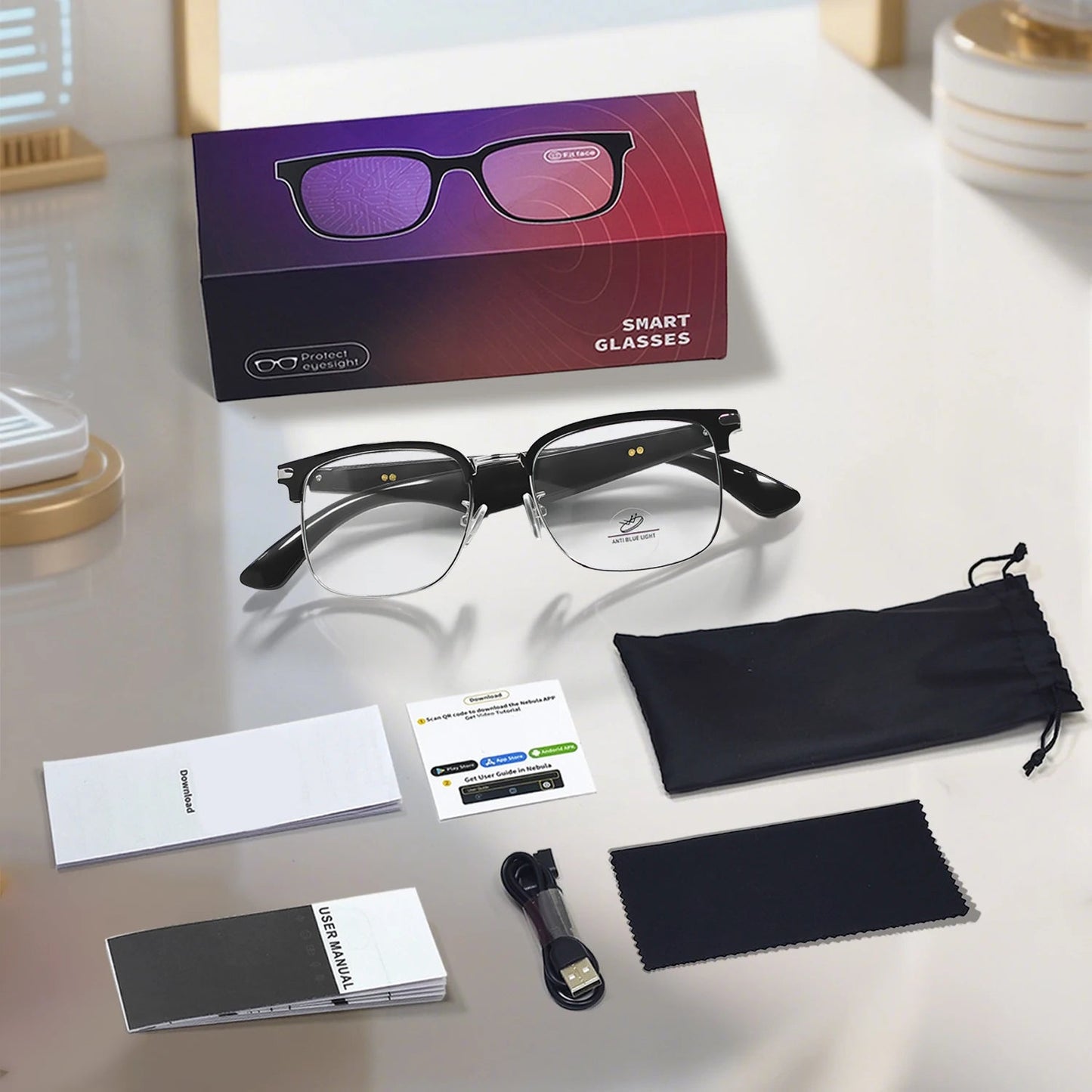Full unboxing of AI Smart Translation Glasses with packaging box, charging cable, cleaning cloth, user manual, and storage pouch