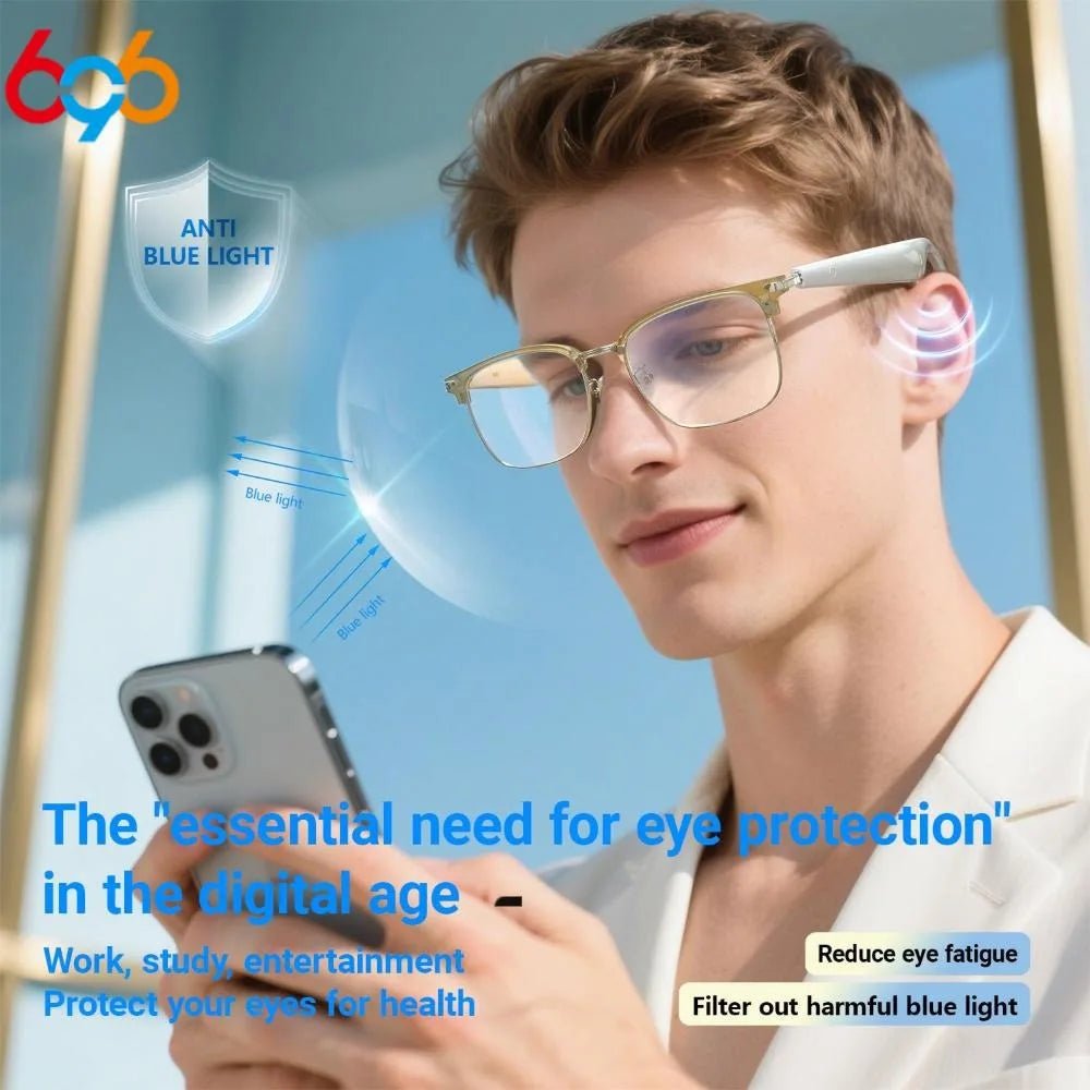 Man wearing AI Smart Glasses with Blue Light Filter and Voice Translation, using a smartphone