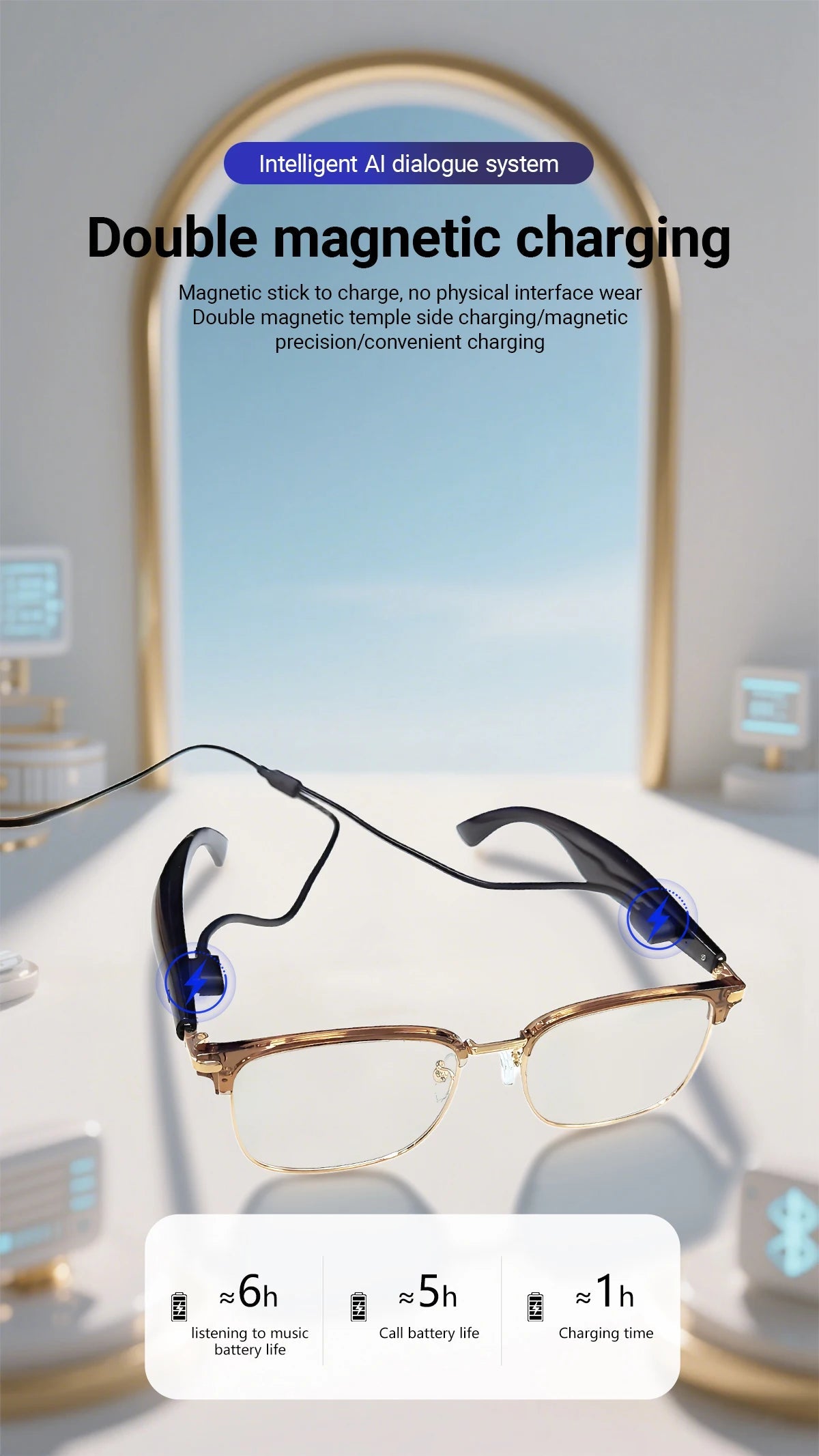 AI Smart Glasses with double magnetic charging, 6 hours music playtime, 5 hours call use, and 1 hour fast charge