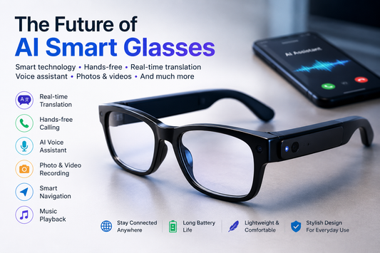 The Future of AI Smart Glasses featuring real-time translation, AI voice assistant, Bluetooth calling, smart navigation, and wearable technology.