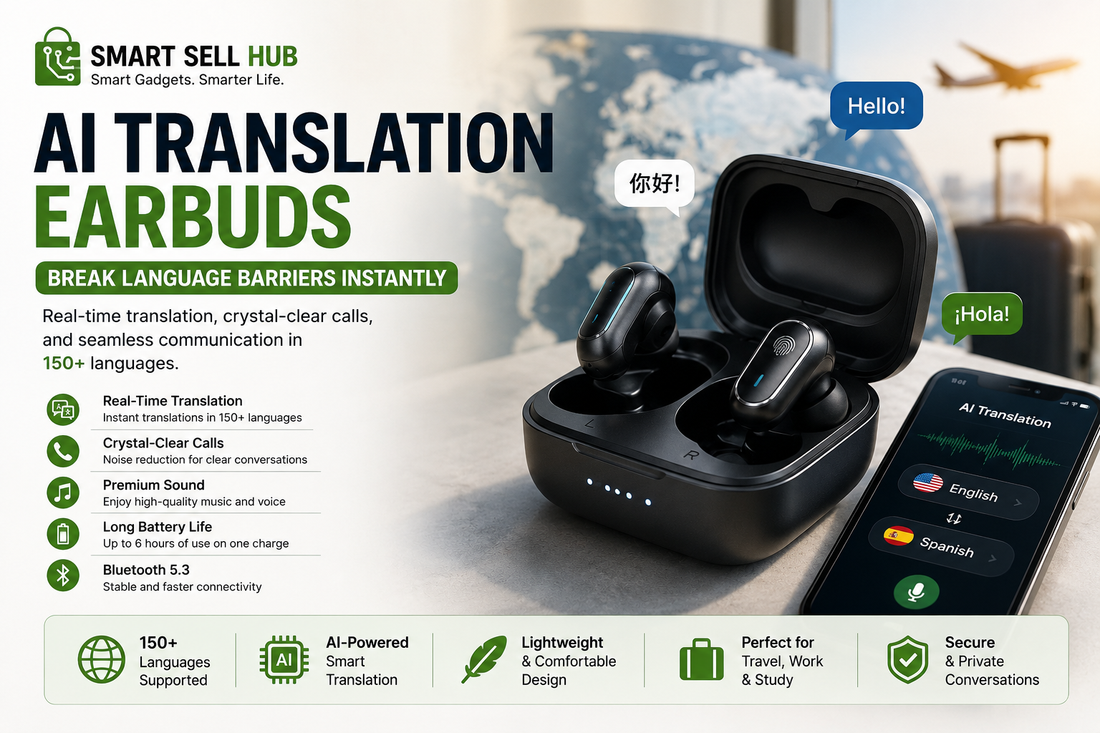 AI Translation Earbuds with real-time language translation, Bluetooth calling, noise reduction, and smart voice assistant for travel, business, and everyday communication.