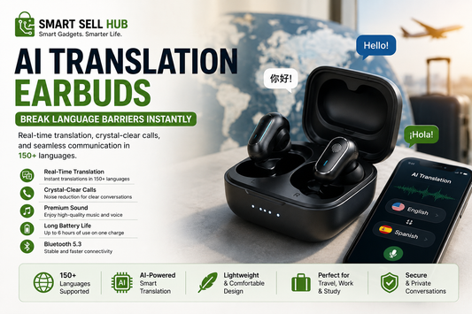 AI Translation Earbuds with real-time language translation, Bluetooth calling, noise reduction, and smart voice assistant for travel, business, and everyday communication.