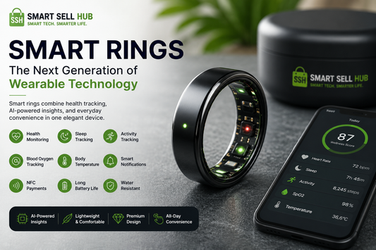 Modern smart ring with AI health tracking, sleep monitoring, fitness sensors, and wearable technology features.
