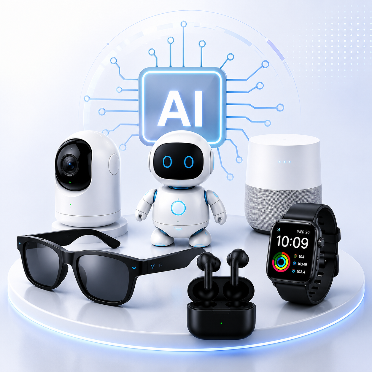 AI Gadgets collection featuring smart glasses, wireless earbuds, smart watch, smart home camera, AI robot, and innovative technology devices.