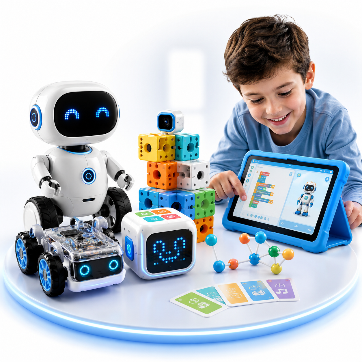Smart Kids collection featuring educational robots, STEM toys, coding kits, interactive learning devices, and smart technology for children.