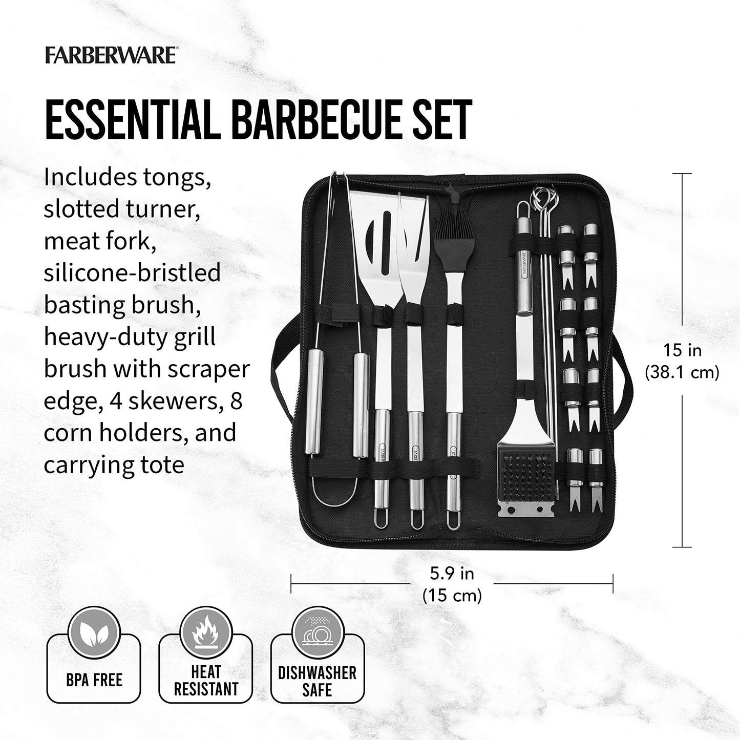 Farberware 18pc BBQ Grill Tool Set – Premium Stainless Steel w/ Travel Case