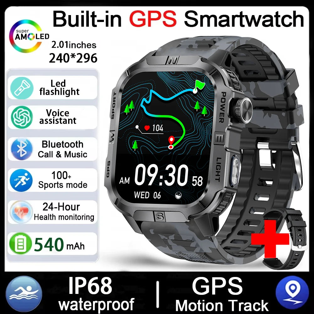 GPS Smartwatch for Men with Bluetooth Calling, LED Flashlight, Compass & IP68 Waterproof