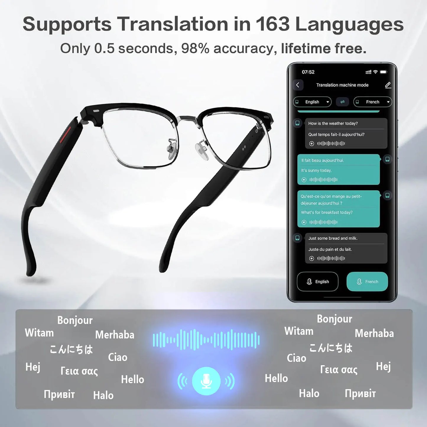 Smart Audio Glasses with Real-Time Translation Hi-Fi Music Playback Noise-Cancelling Voice Calls And Photochromic Lenses