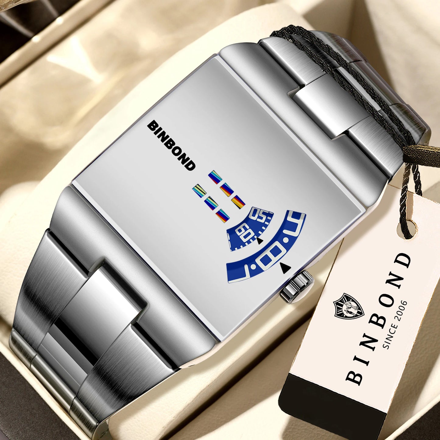 BINBON Luxury Square Quartz Watch – Waterproof Stainless Steel Sport Wristwatch