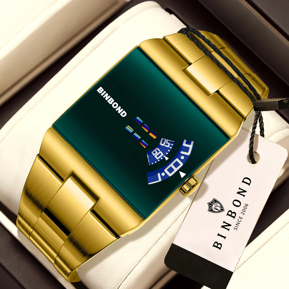 BINBON Luxury Square Quartz Watch – Waterproof Stainless Steel Sport Wristwatch