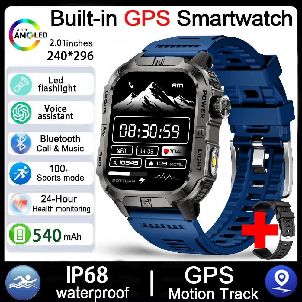 GPS Smartwatch for Men with Bluetooth Calling, LED Flashlight, Compass & IP68 Waterproof