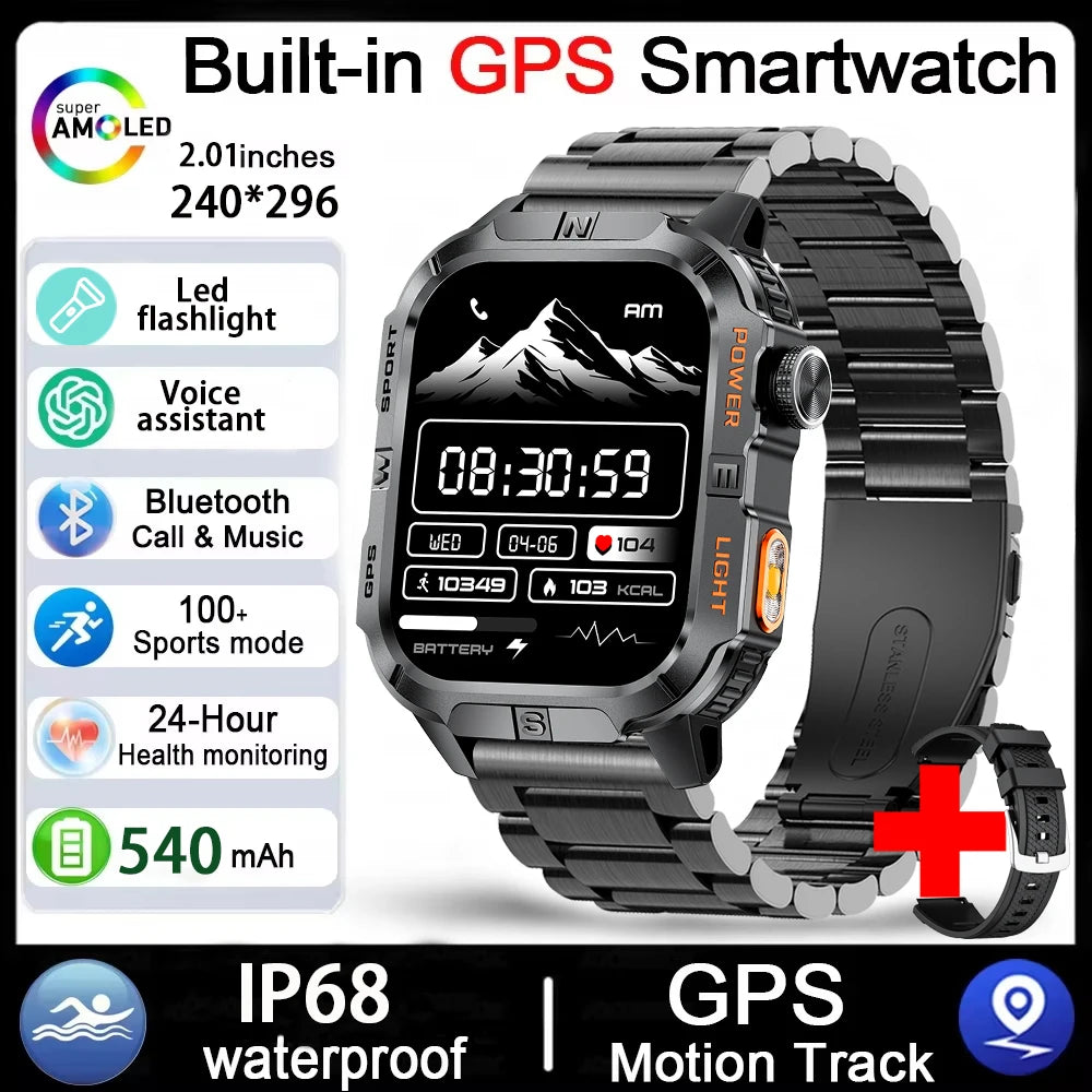 GPS Smartwatch for Men with Bluetooth Calling, LED Flashlight, Compass & IP68 Waterproof