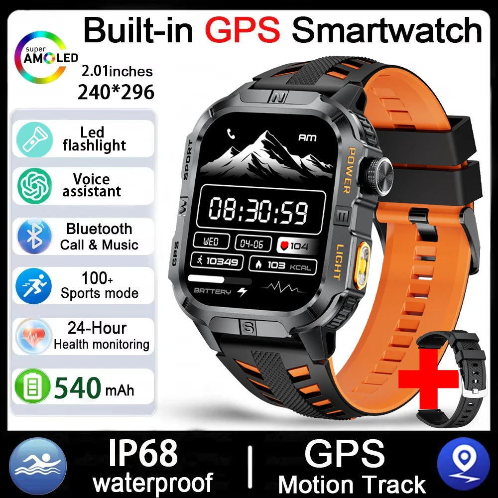 GPS Smartwatch for Men with Bluetooth Calling, LED Flashlight, Compass & IP68 Waterproof