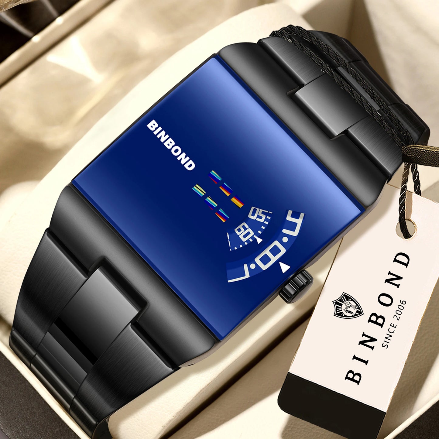 BINBON Luxury Square Quartz Watch – Waterproof Stainless Steel Sport Wristwatch