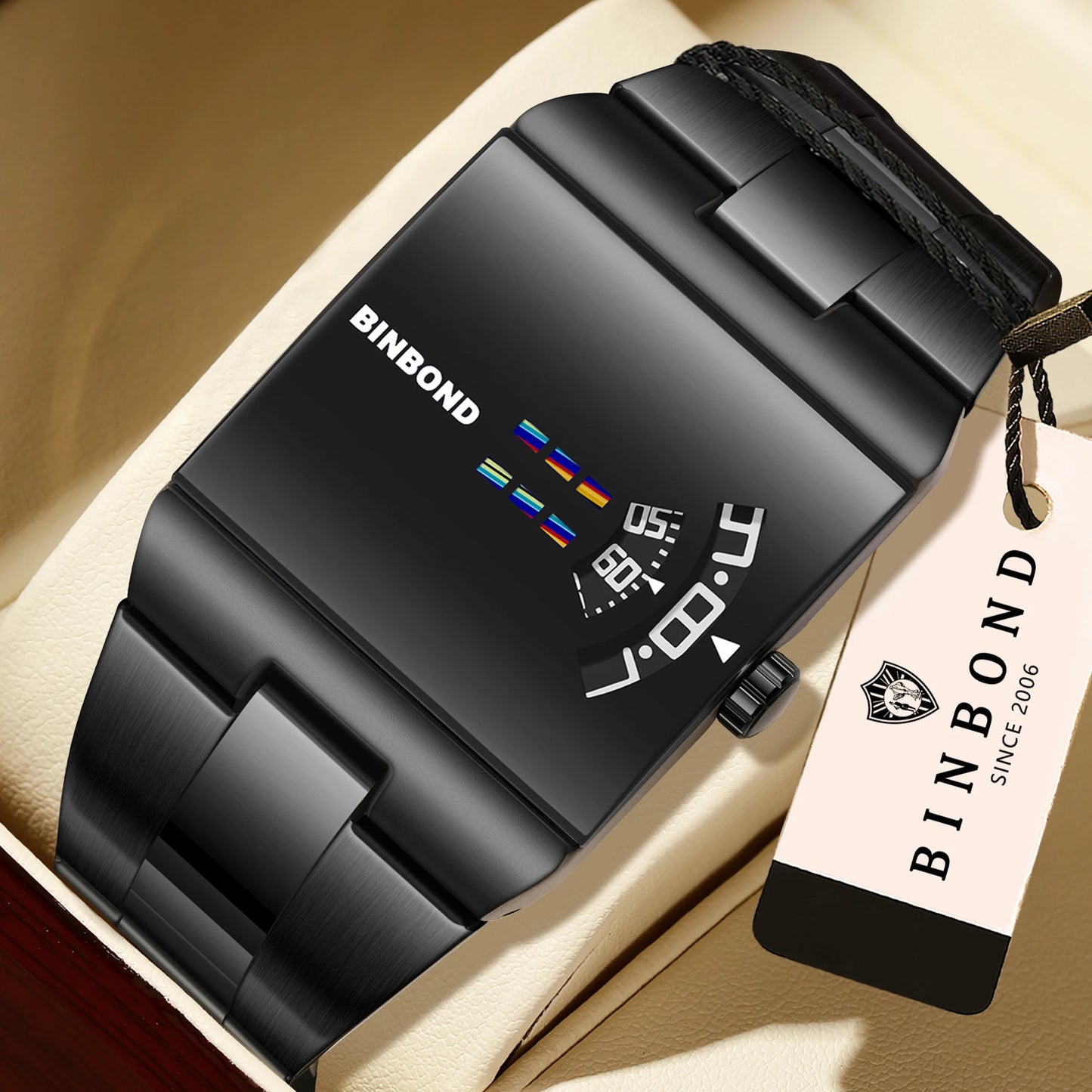 BINBON Luxury Square Quartz Watch – Waterproof Stainless Steel Sport Wristwatch