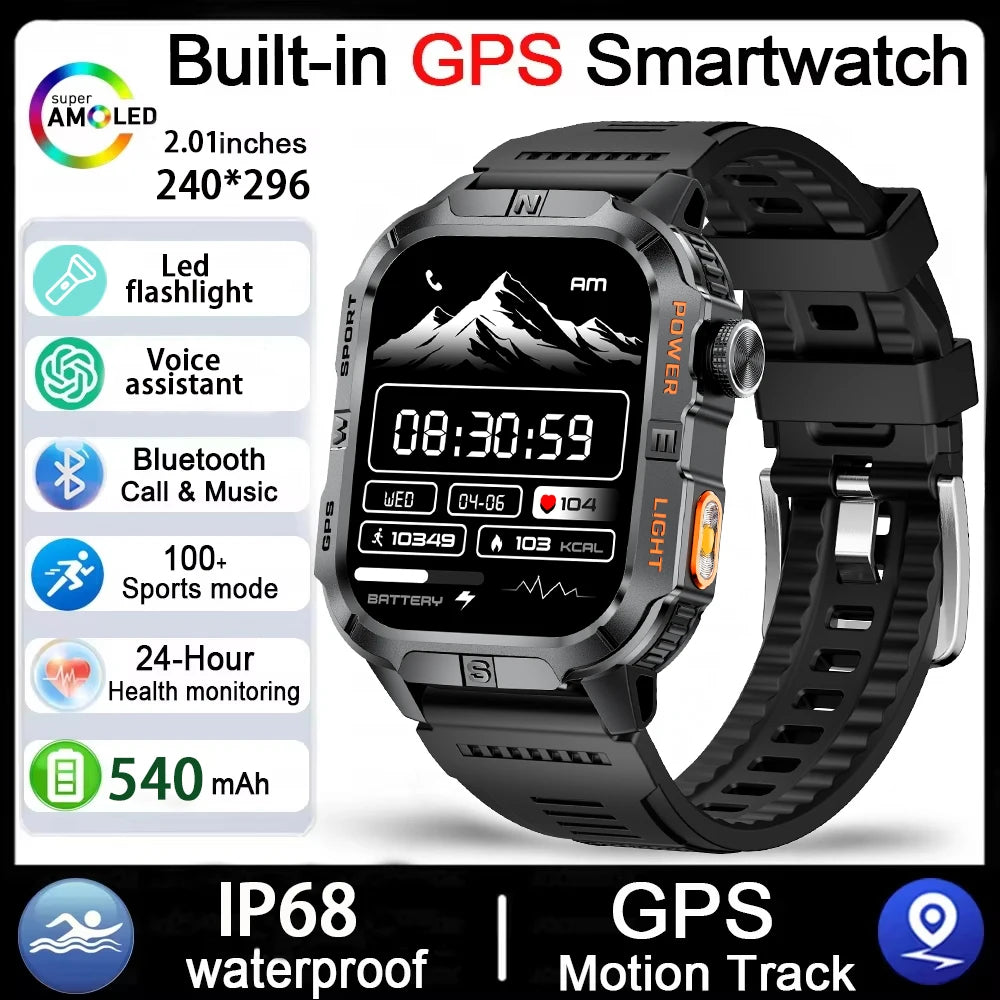 GPS Smartwatch for Men with Bluetooth Calling, LED Flashlight, Compass & IP68 Waterproof