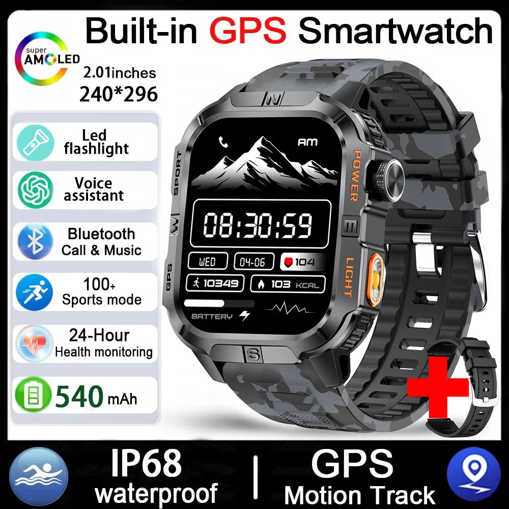 GPS Smartwatch for Men with Bluetooth Calling, LED Flashlight, Compass & IP68 Waterproof