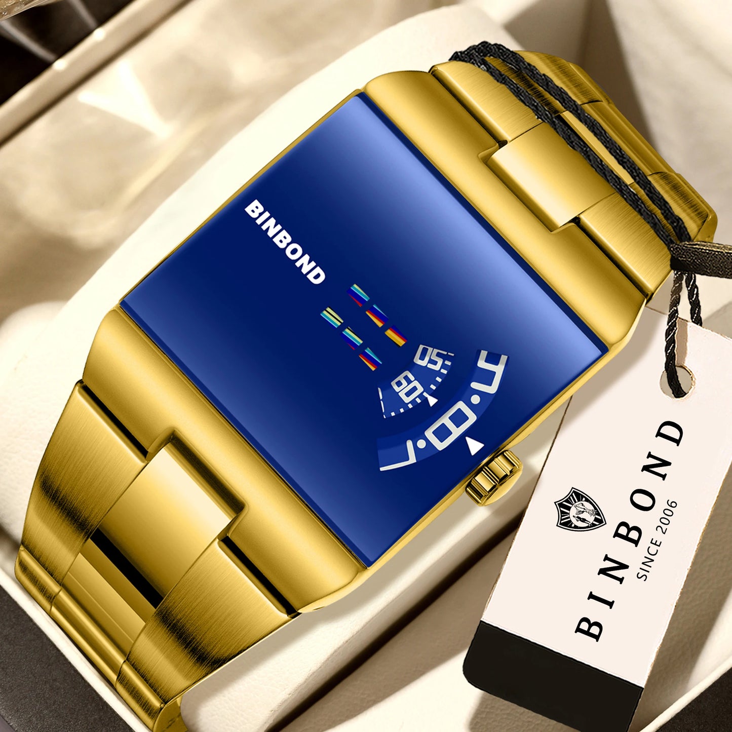 BINBON Luxury Square Quartz Watch – Waterproof Stainless Steel Sport Wristwatch