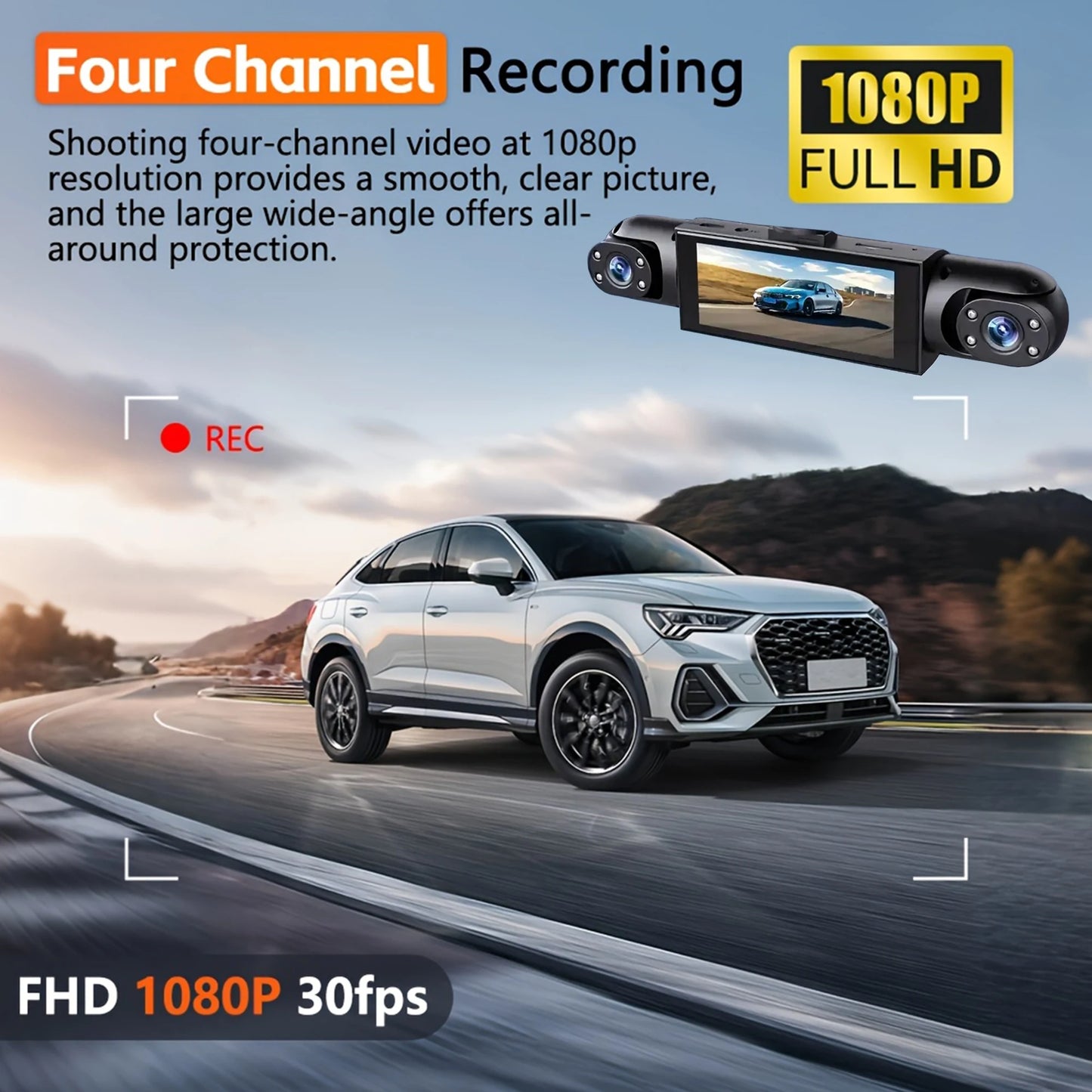 4-Channel 360° FHD Dash Cam with Night Vision, Front Rear Side Recording & 24/7 Parking Monitor
