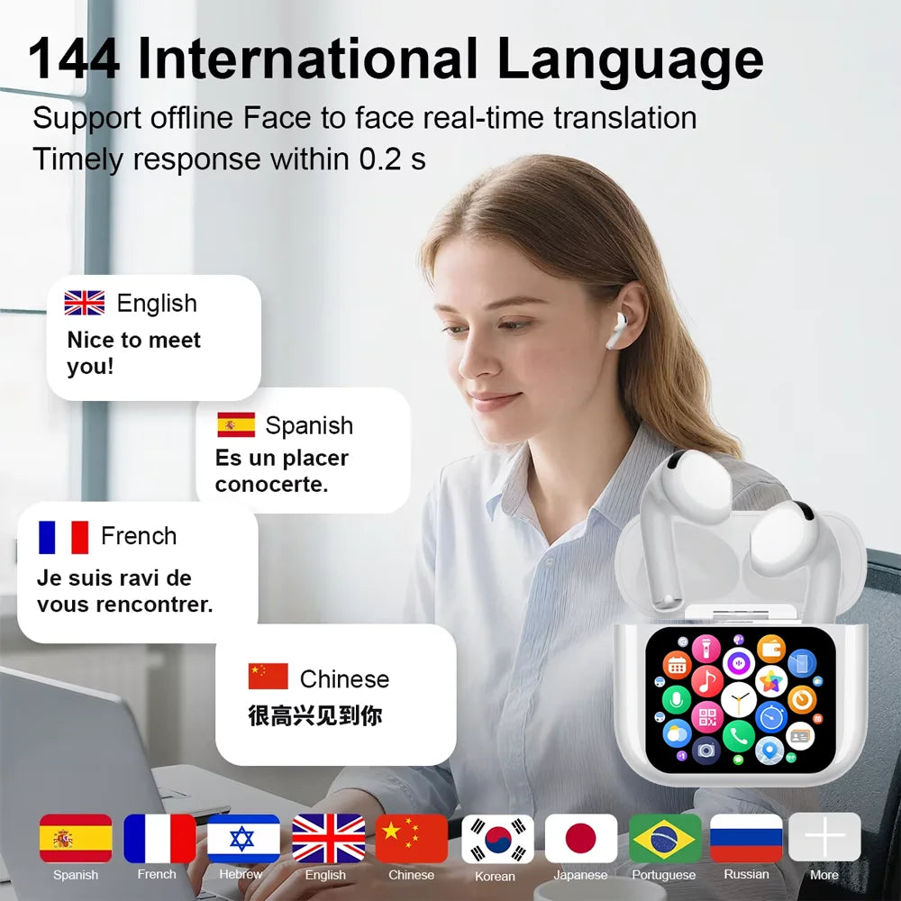 AI Translator Earbuds with Smart Touchscreen Case, 144 Languages, ANC & IPX7