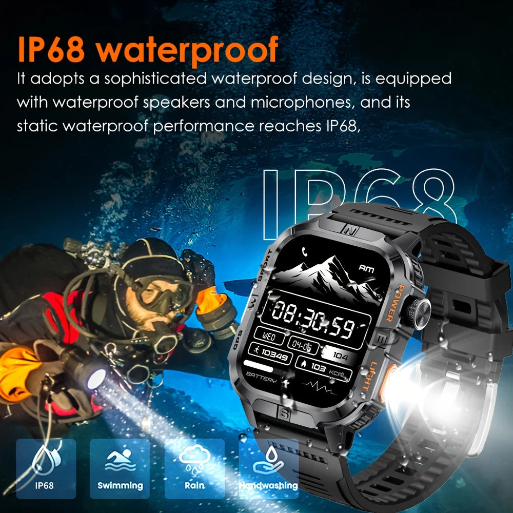 GPS Smartwatch for Men with Bluetooth Calling, LED Flashlight, Compass & IP68 Waterproof