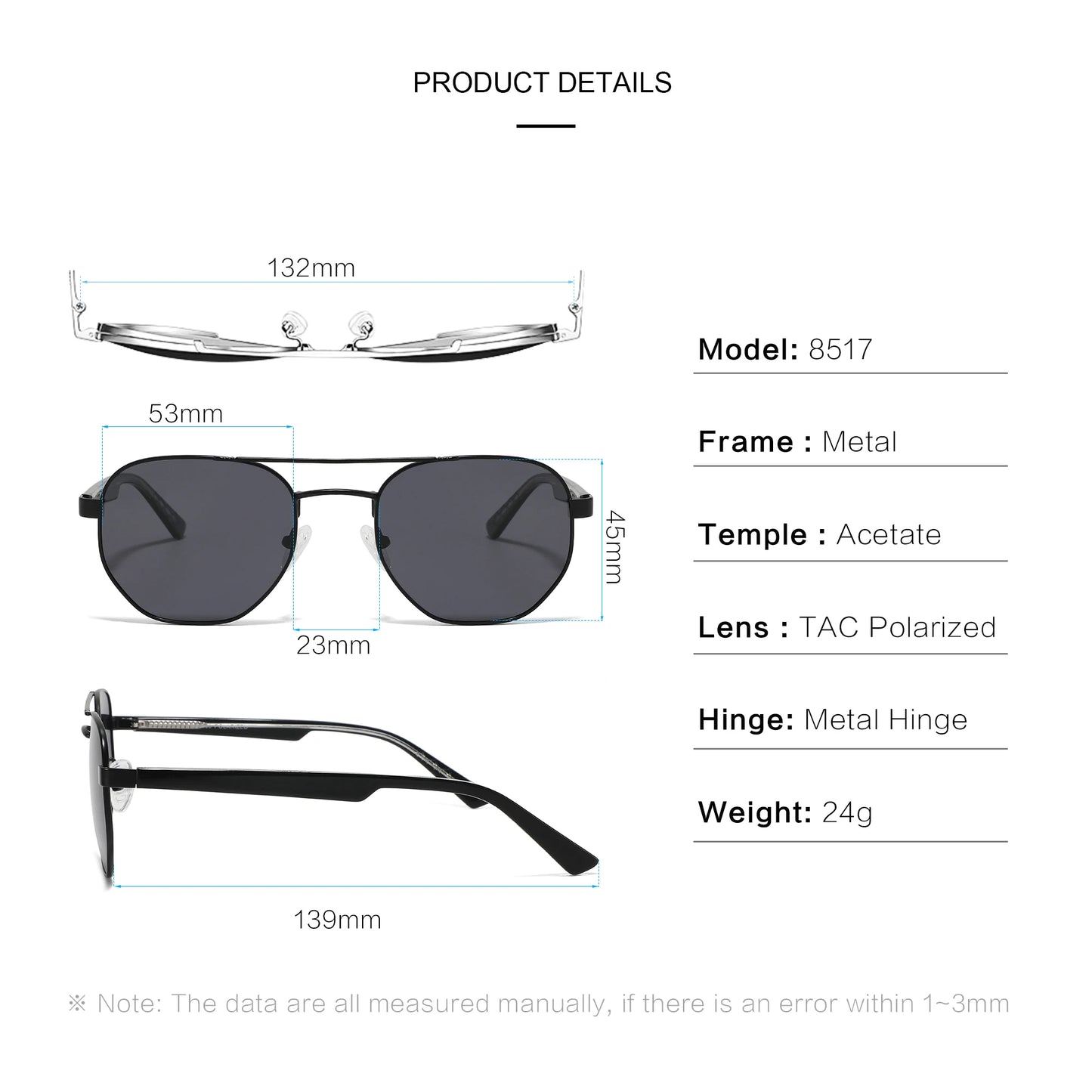 Men’s and Women's Polarized Sunglasses UV400 Square Metal Acetate Frame Driving Eyewear