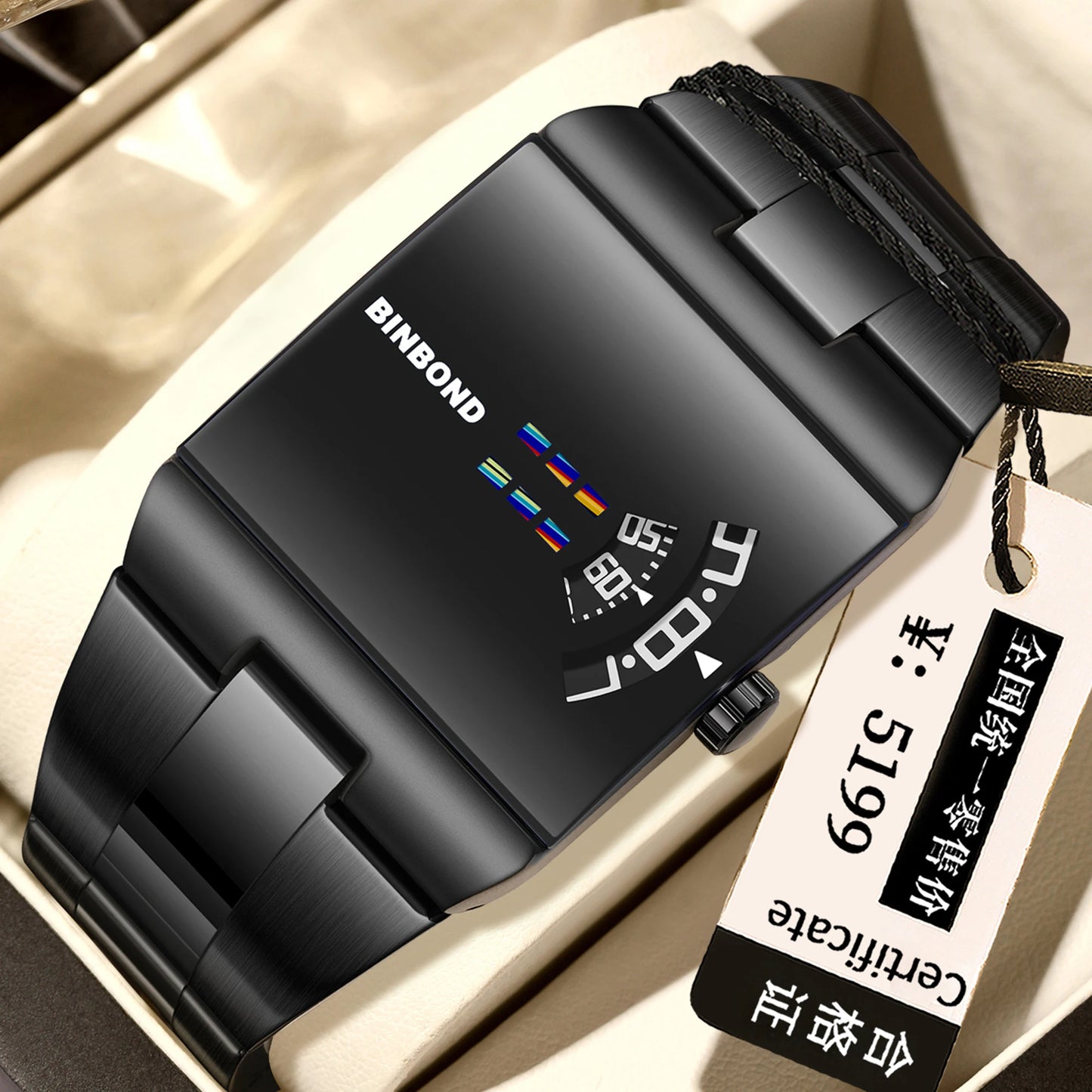 BINBON Luxury Square Quartz Watch – Waterproof Stainless Steel Sport Wristwatch