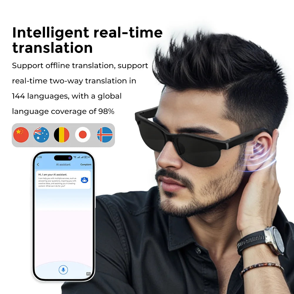 AI Translator Smart Glasses – 144-Language Real-Time Translation, Bluetooth 5.3 Audio Sunglasses