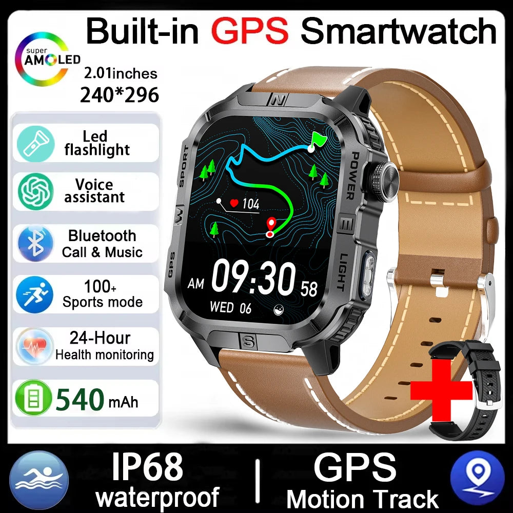 GPS Smartwatch for Men with Bluetooth Calling, LED Flashlight, Compass & IP68 Waterproof