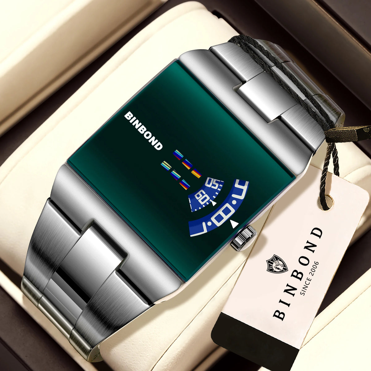 BINBON Luxury Square Quartz Watch – Waterproof Stainless Steel Sport Wristwatch