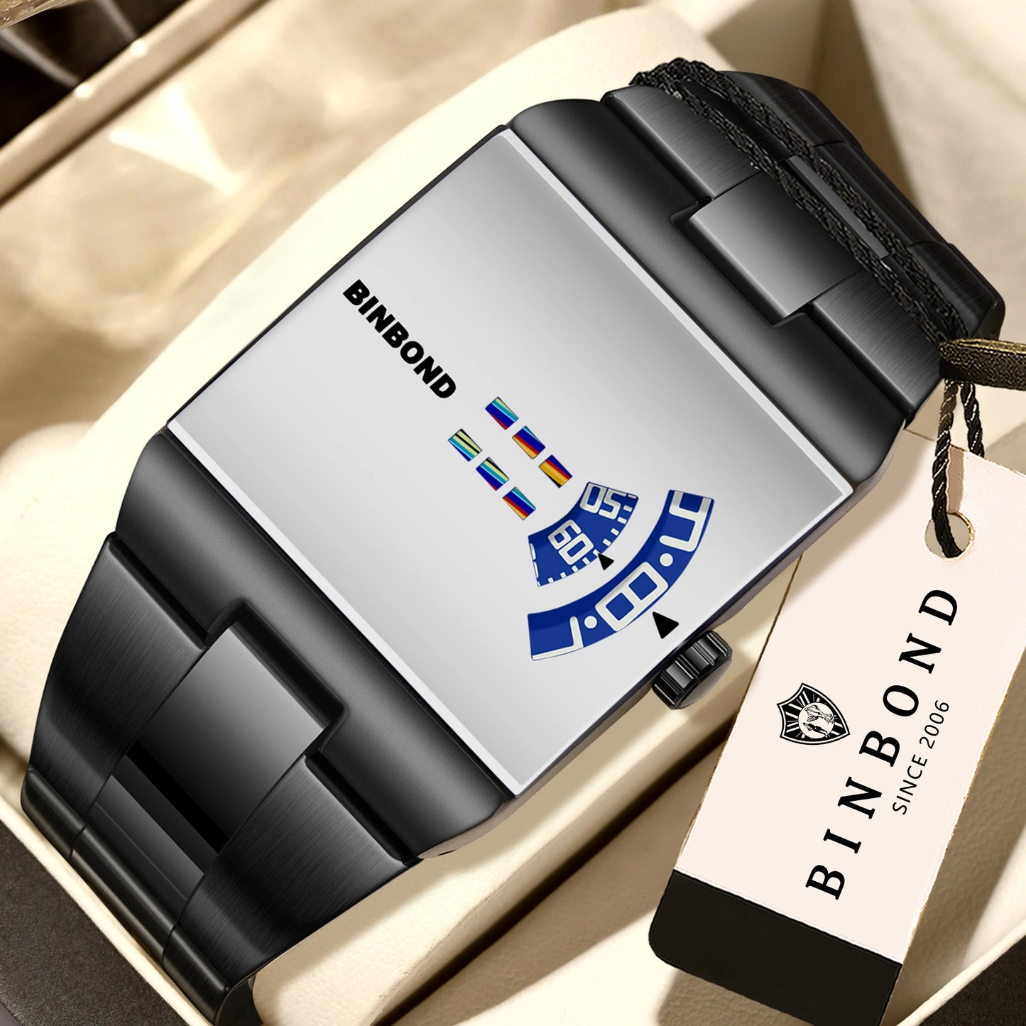 BINBON Luxury Square Quartz Watch – Waterproof Stainless Steel Sport Wristwatch