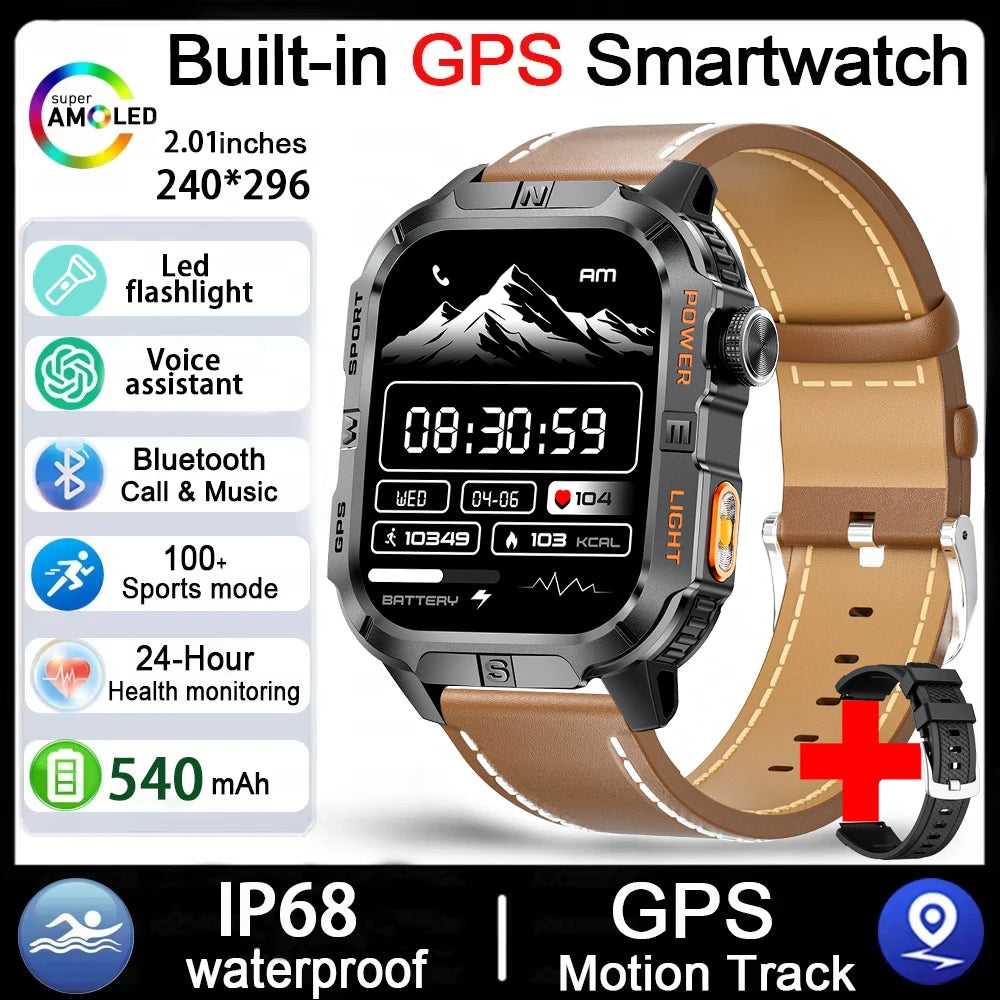 GPS Smartwatch for Men with Bluetooth Calling, LED Flashlight, Compass & IP68 Waterproof