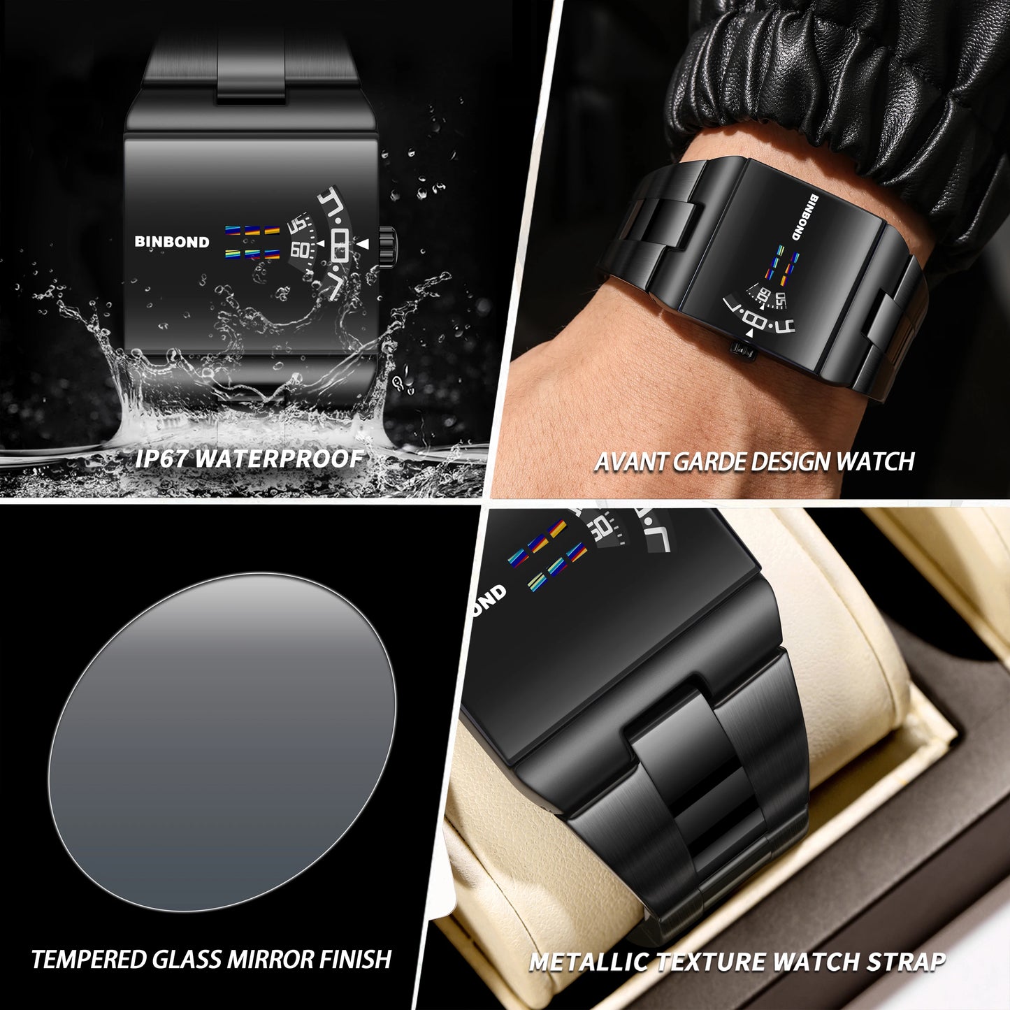 BINBON Luxury Square Quartz Watch – Waterproof Stainless Steel Sport Wristwatch