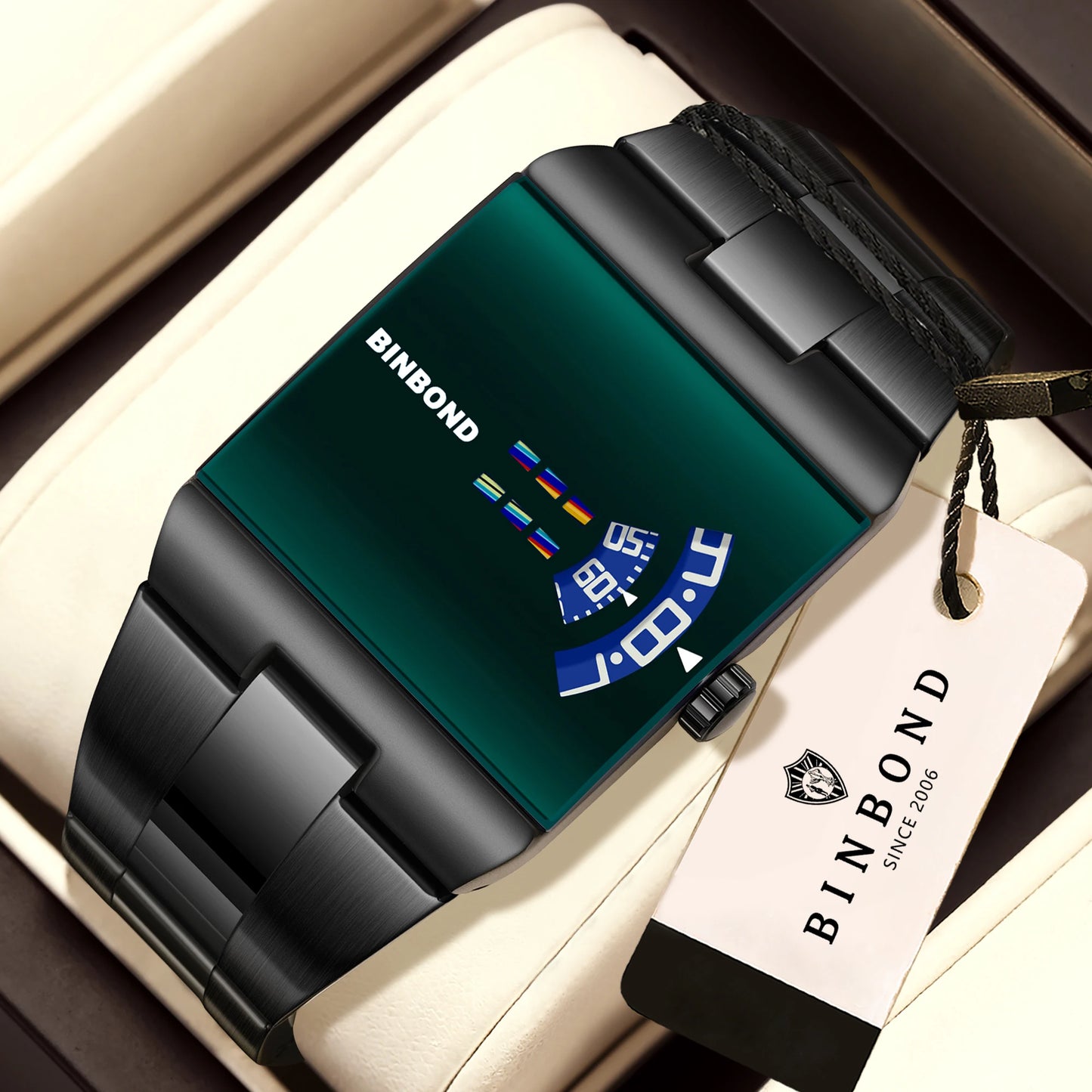 BINBON Luxury Square Quartz Watch – Waterproof Stainless Steel Sport Wristwatch