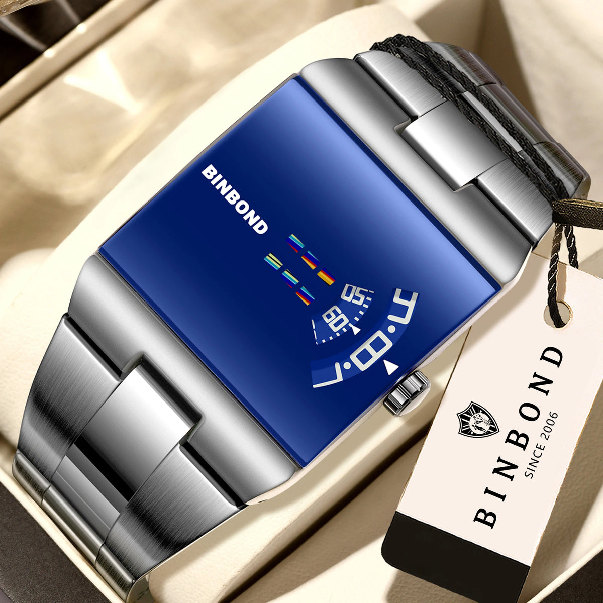 BINBON Luxury Square Quartz Watch – Waterproof Stainless Steel Sport Wristwatch