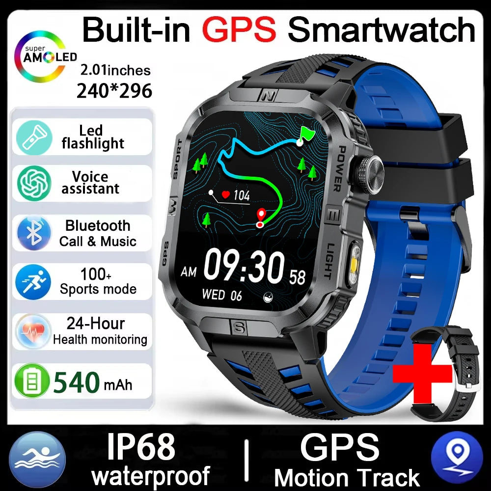 GPS Smartwatch for Men with Bluetooth Calling, LED Flashlight, Compass & IP68 Waterproof