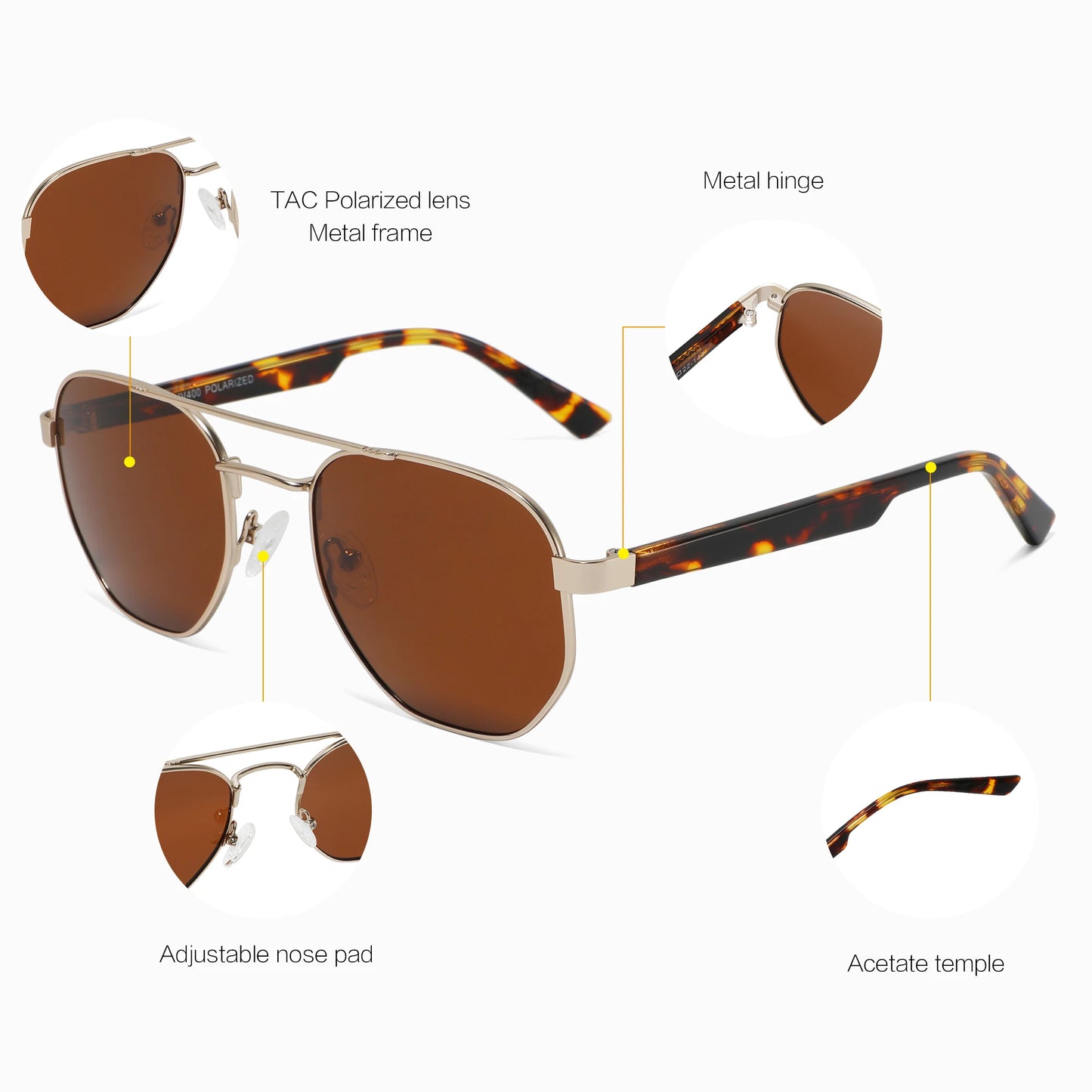 Men’s and Women's Polarized Sunglasses UV400 Square Metal Acetate Frame Driving Eyewear