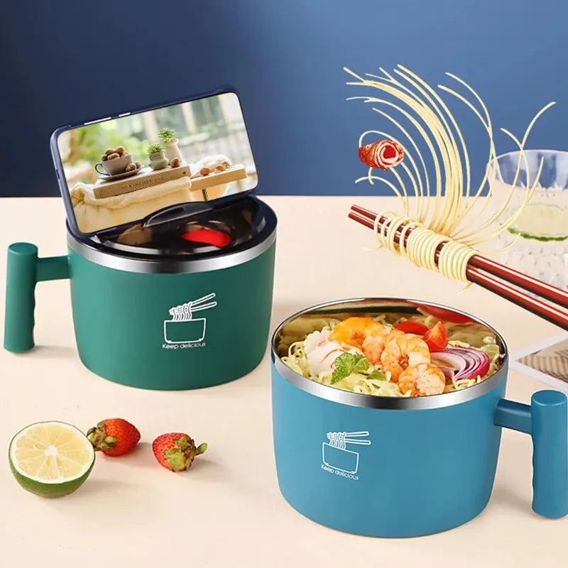 Stainless Steel Bowl with Lid – Portable Noodle & Soup Bowl with Drain Lid Design