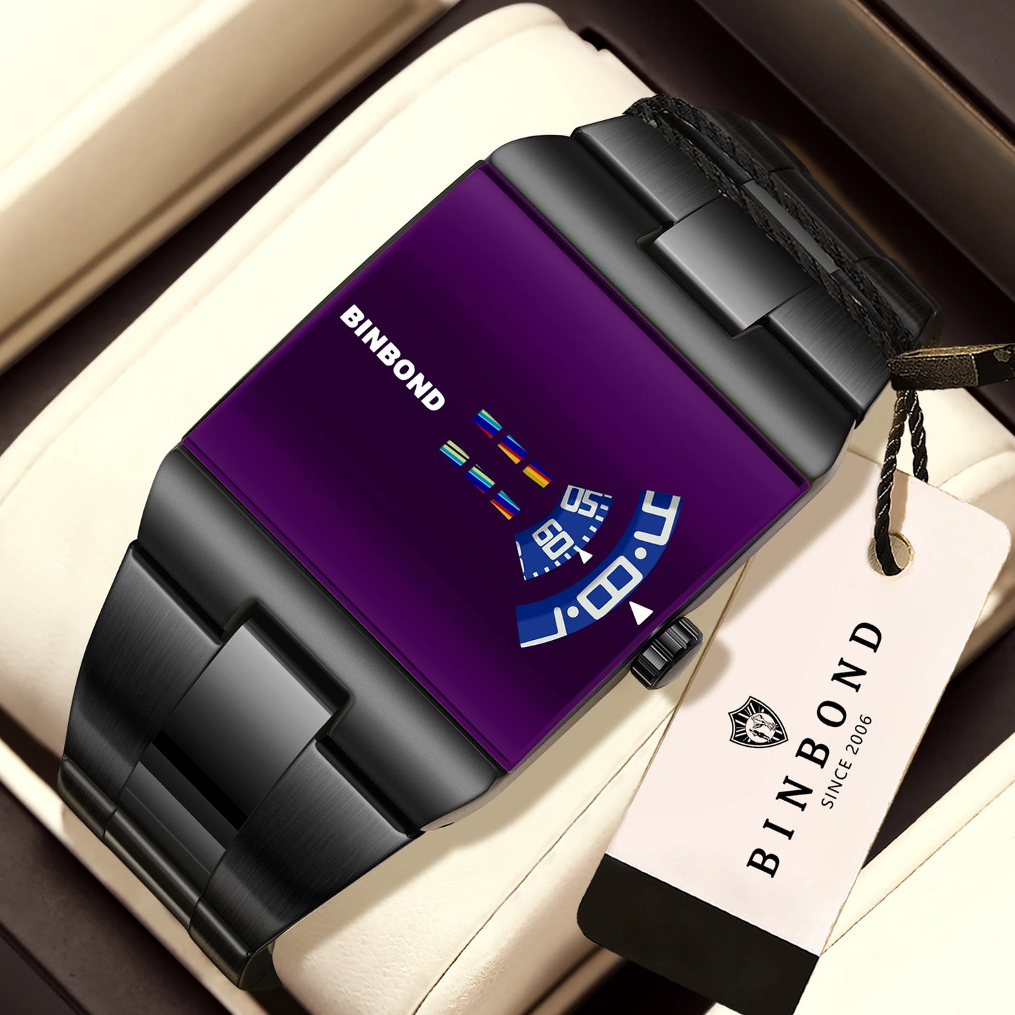 BINBON Luxury Square Quartz Watch – Waterproof Stainless Steel Sport Wristwatch