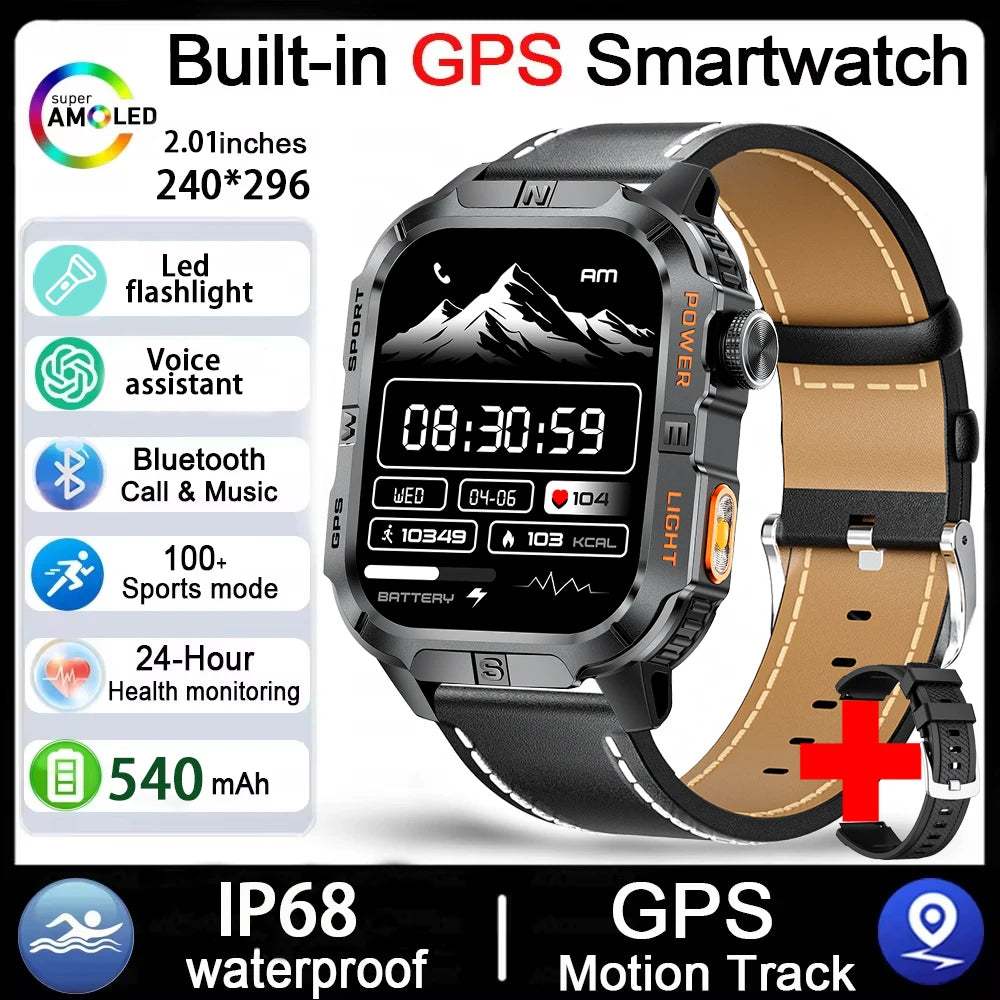 GPS Smartwatch for Men with Bluetooth Calling, LED Flashlight, Compass & IP68 Waterproof