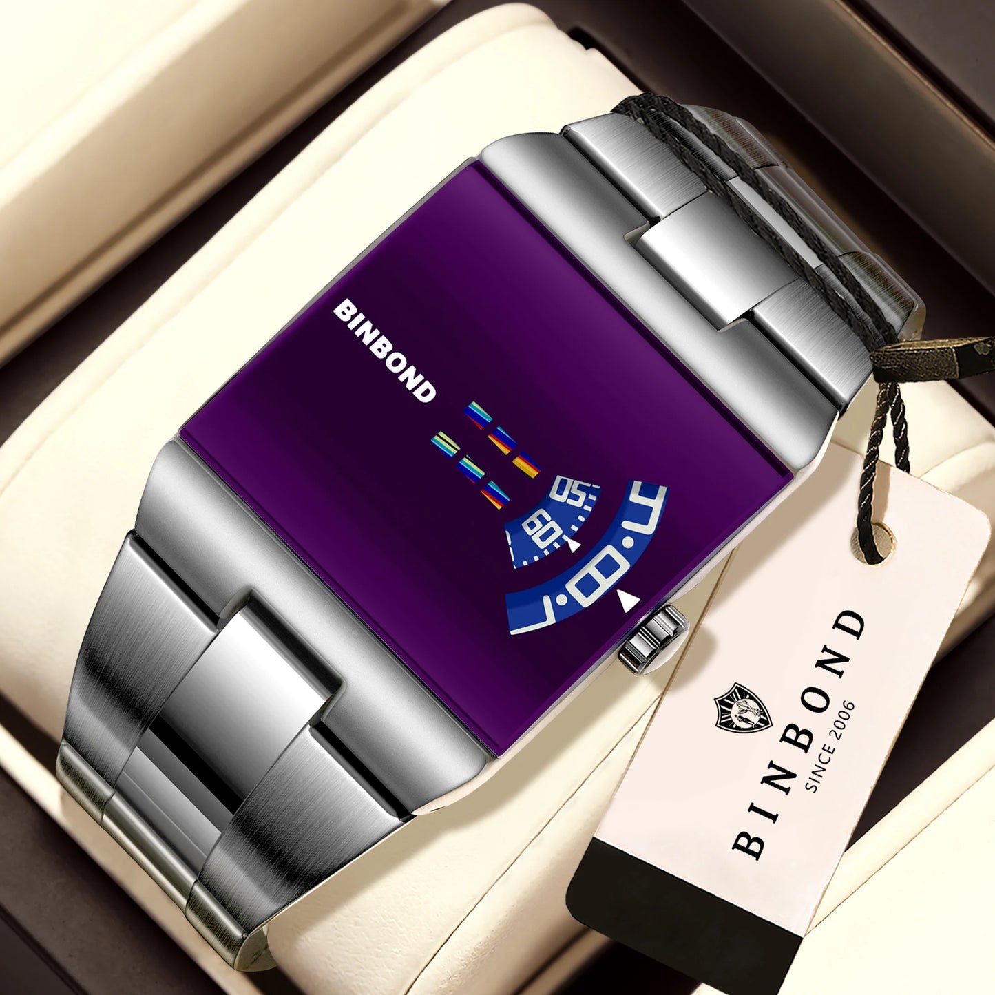 BINBON Luxury Square Quartz Watch – Waterproof Stainless Steel Sport Wristwatch