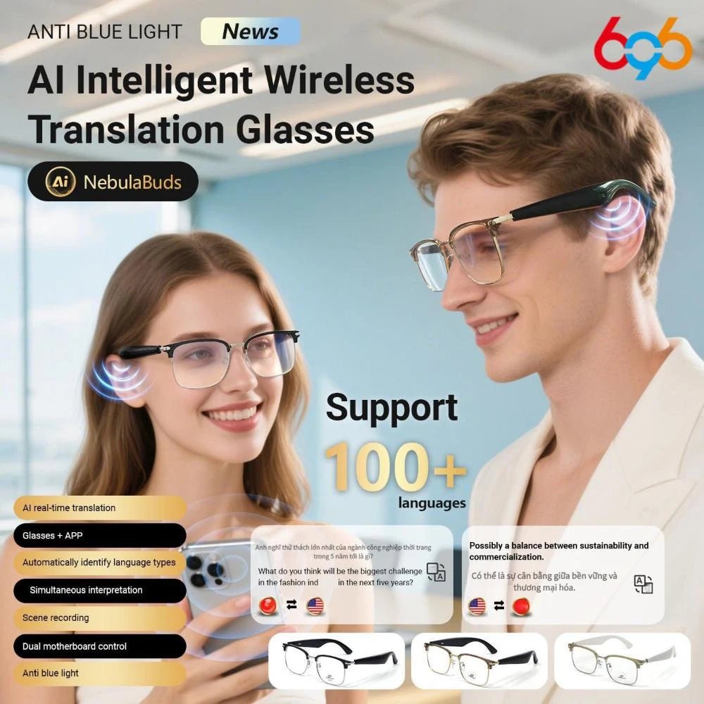 Two people wearing AI Intelligent Wireless Translation Glasses supporting real-time translation in over 100 languages
