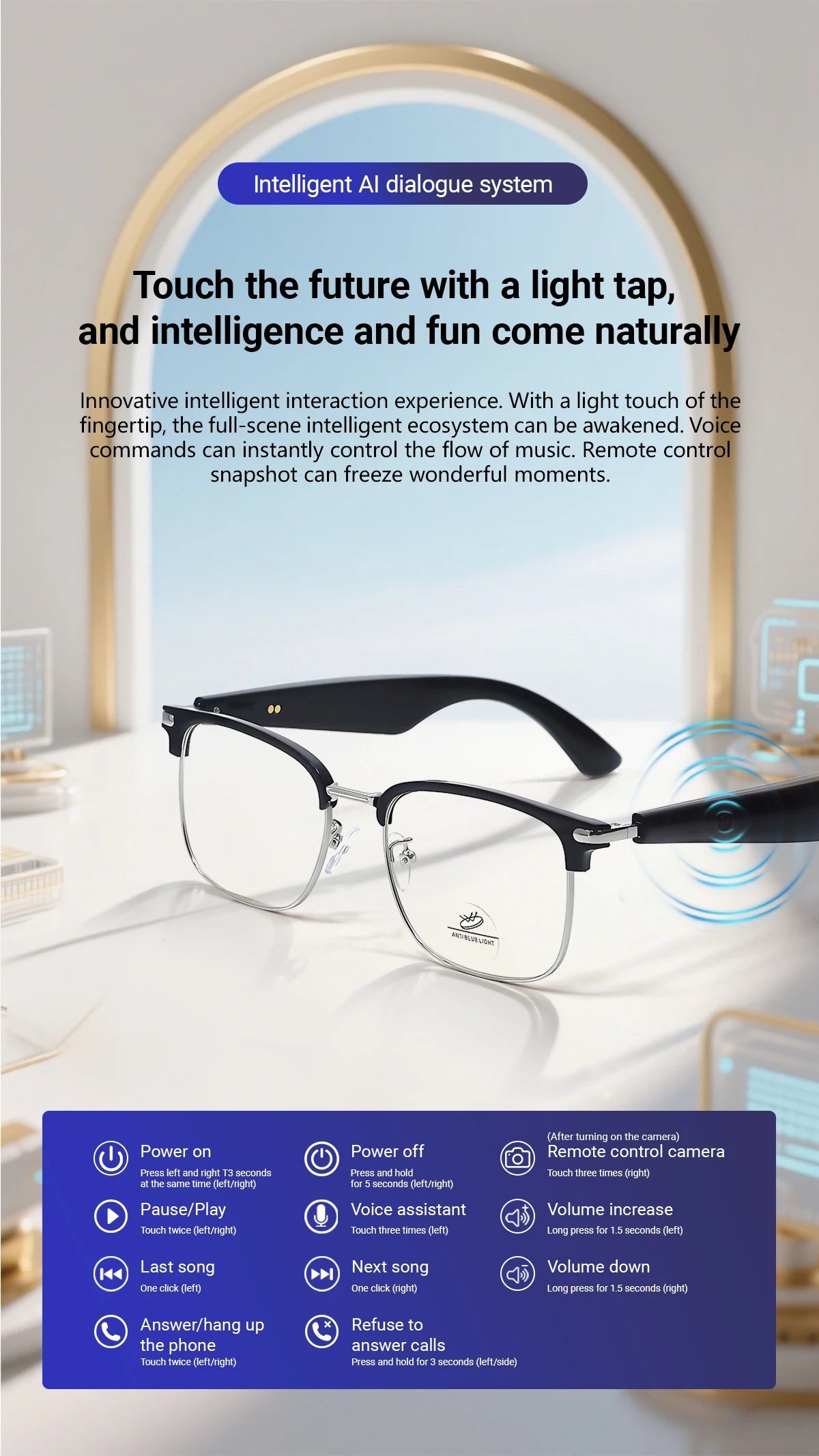 AI Smart Glasses with touch control features, voice assistant, music control, and remote camera function
