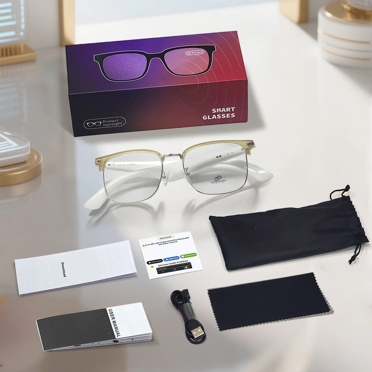 AI Smart Translation Glasses package with white frame, original box, charging cable, cleaning cloth, storage pouch, and manuals
