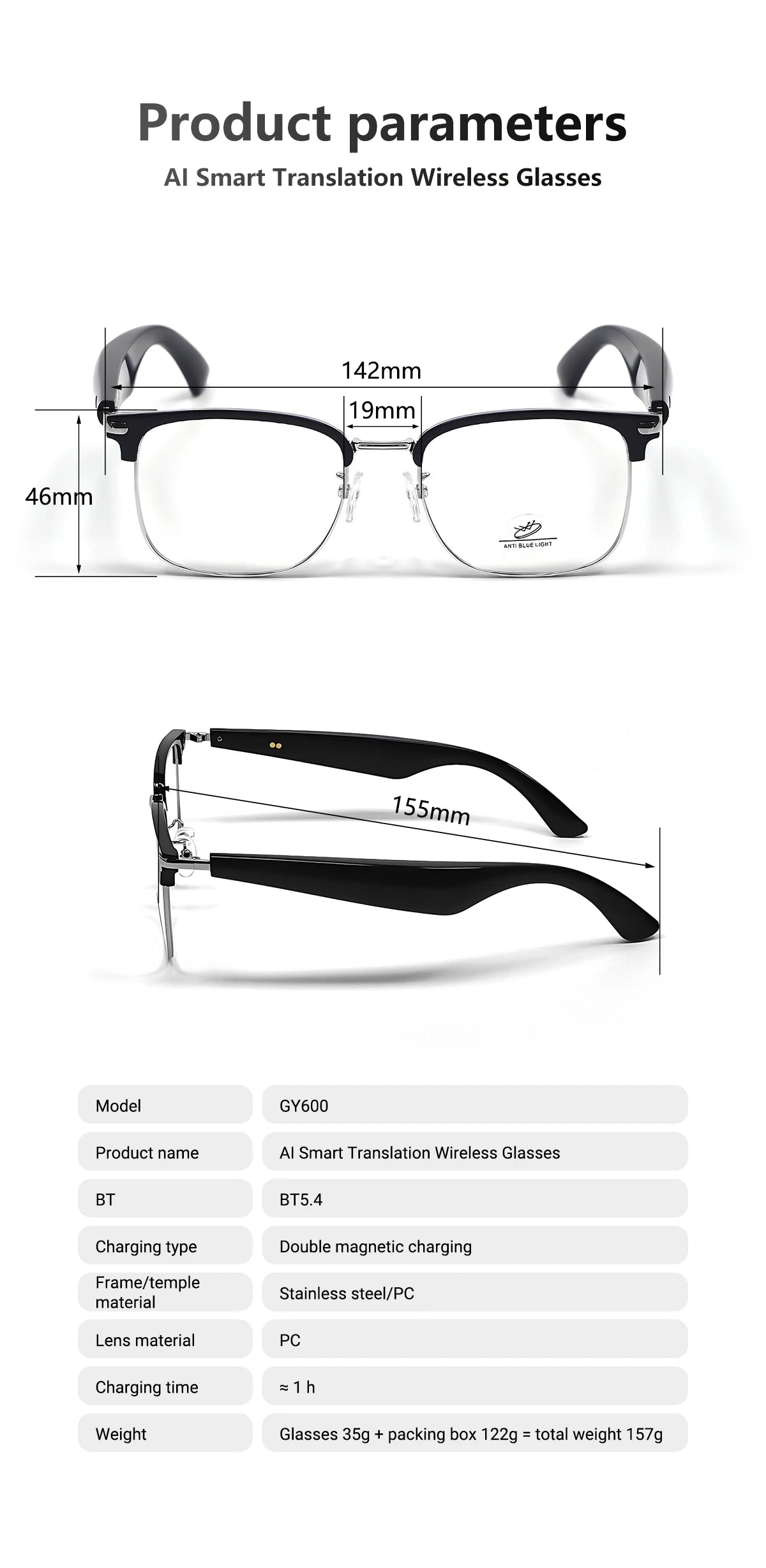 Product specifications and dimensions of AI Smart Translation Wireless Glasses with double magnetic charging and BT5.4 technology
